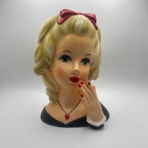 Vintage Inarco E5626 Blonde Lady Head Vase Red Bow Heart Necklace Japan 1960s